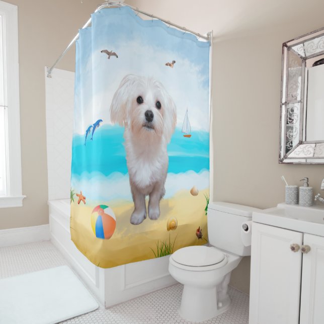 Maltese Dog on Beach Shower Curtain (In Situ)