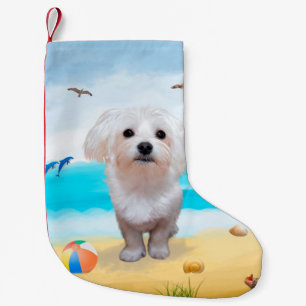 Maltese Dog on Beach Small Christmas Stocking