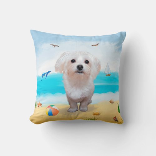 Maltese Dog on Beach Throw Pillow