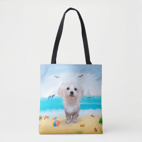 Maltese Dog on Beach Tote Bag