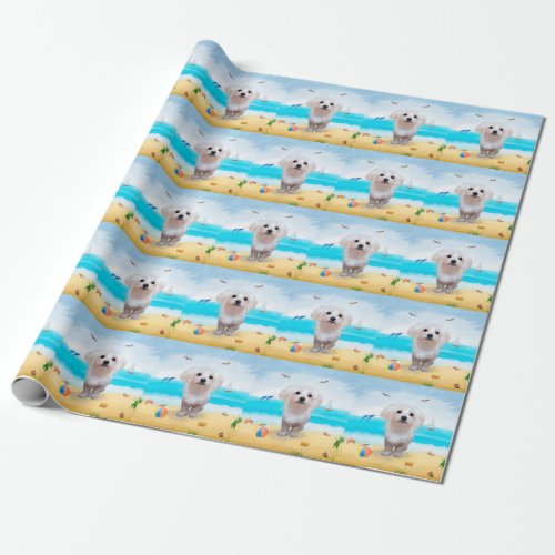 Maltese Dog on Beach Wrapping Paper