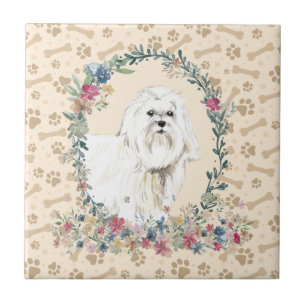 Maltese Dog Paw Print Floral Cute Beige Ceramic Tile
