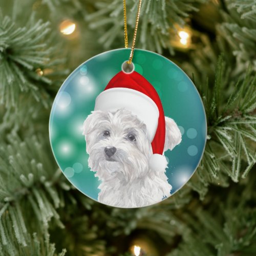 Maltese Dog Red Santa Hat Christmas  Ceramic Ornament