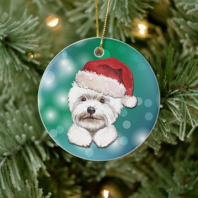 Maltese Dog Red Santa Hat Christmas Ceramic Ornament (Tree)