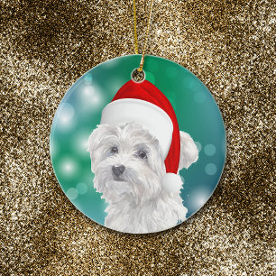 Maltese Dog Red Santa Hat Christmas Ceramic Ornament