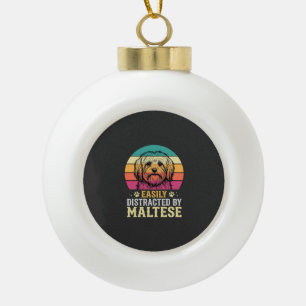 Maltese Dog Retro Sunset Distracted Ceramic Ball Christmas Ornament