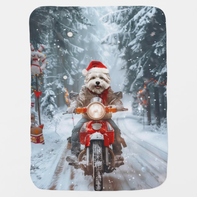 Maltese Dog Riding Motorcycle Christmas Baby Blanket (Front)