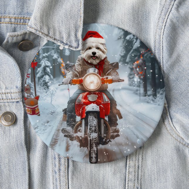 Maltese Dog Riding Motorcycle Christmas Button (In Situ)