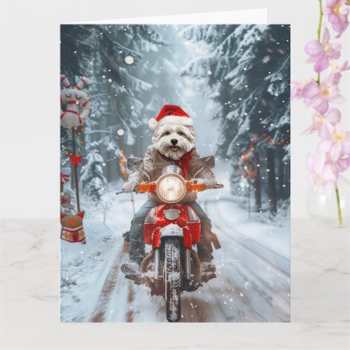 Maltese Dog Riding Motorcycle Christmas Card