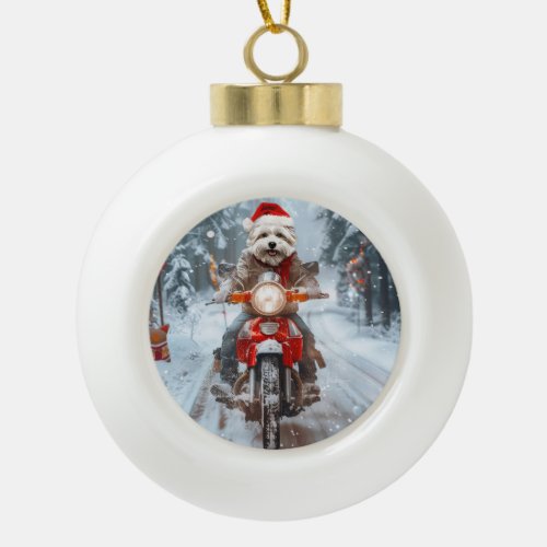 Maltese Dog Riding Motorcycle Christmas Ceramic Ball Christmas Ornament