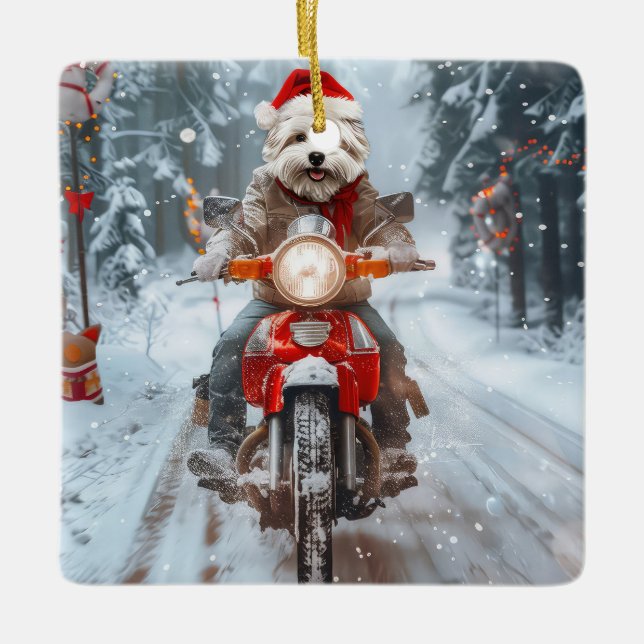 Maltese Dog Riding Motorcycle Christmas Ceramic Ornament (Front)