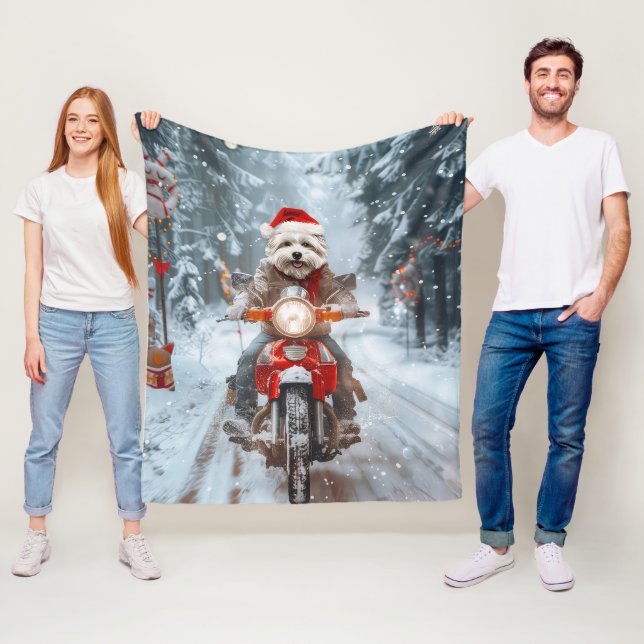 Maltese Dog Riding Motorcycle Christmas Fleece Blanket (In Situ)