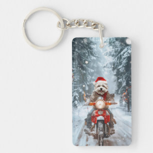 Maltese Dog Riding Motorcycle Christmas Keychain