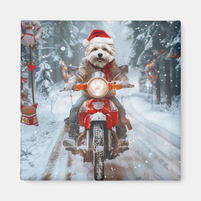 Maltese Dog Riding Motorcycle Christmas Magnet (Front)