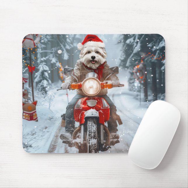 Maltese Dog Riding Motorcycle Christmas Mouse Pad (With Mouse)
