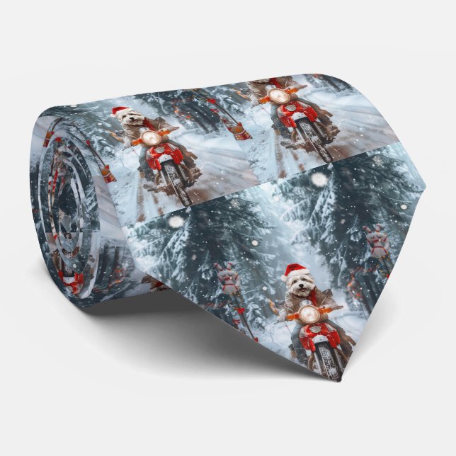 Maltese Dog Riding Motorcycle Christmas Neck Tie (Rolled)