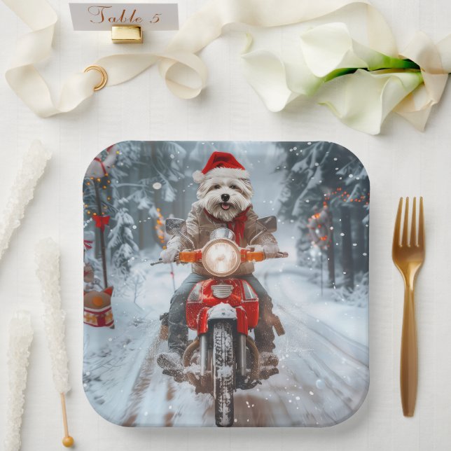 Maltese Dog Riding Motorcycle Christmas Paper Plates (Wedding)
