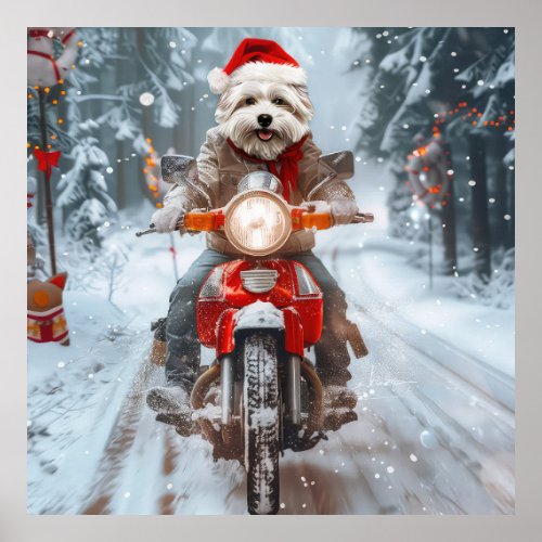 Maltese Dog Riding Motorcycle Christmas Poster