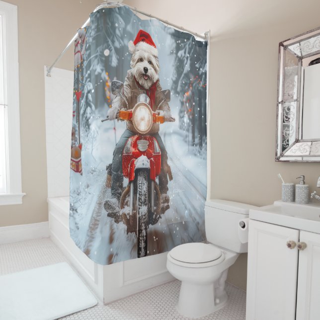 Maltese Dog Riding Motorcycle Christmas Shower Curtain (In Situ)