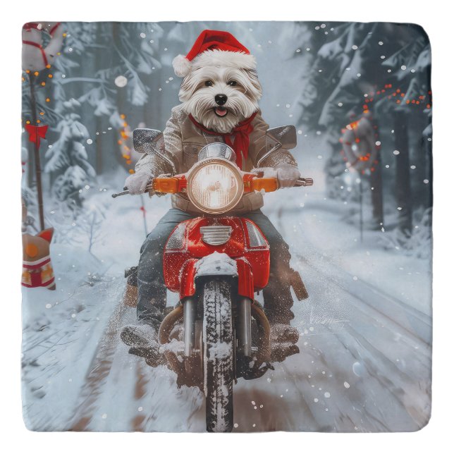 Maltese Dog Riding Motorcycle Christmas Trivet (Front)