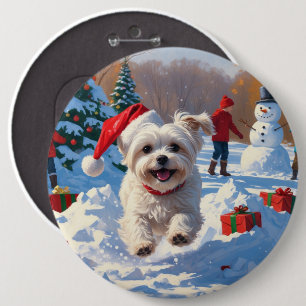 Maltese Dog Running in Snow with Christmas Hat Button