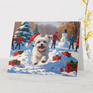 Maltese Dog Running in Snow with Christmas Hat Card