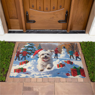 Maltese Dog Running in Snow with Christmas Hat Doormat