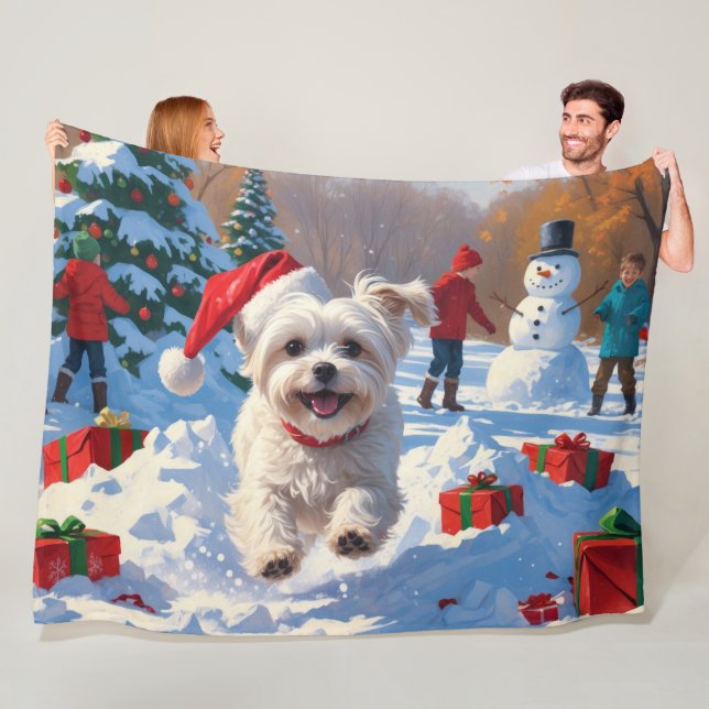 Maltese Dog Running in Snow with Christmas Hat Fleece Blanket (In Situ)