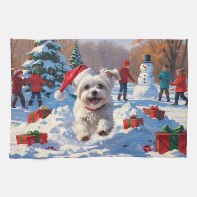 Maltese Dog Running in Snow with Christmas Hat Kitchen Towel (Horizontal)