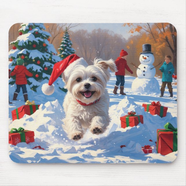 Maltese Dog Running in Snow with Christmas Hat Mouse Pad (Front)