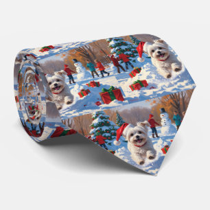 Maltese Dog Running in Snow with Christmas Hat Neck Tie