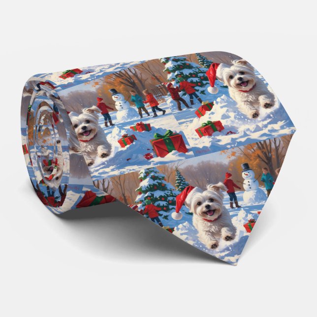 Maltese Dog Running in Snow with Christmas Hat Neck Tie (Rolled)