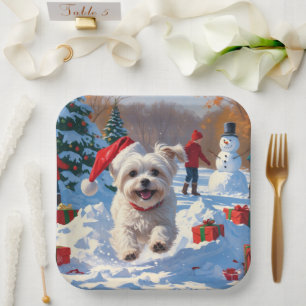 Maltese Dog Running in Snow with Christmas Hat Paper Plates