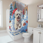 Maltese Dog Running in Snow with Christmas Hat Shower Curtain