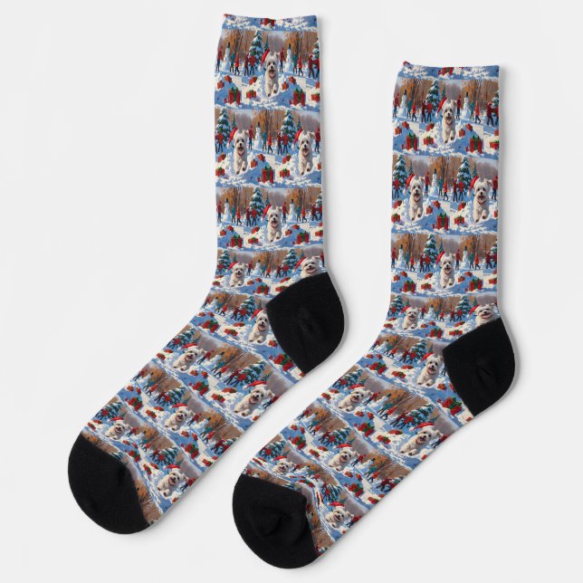 Maltese Dog Running in Snow with Christmas Hat Socks (Left)
