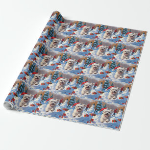 Maltese Dog Running in Snow with Christmas Hat Wrapping Paper