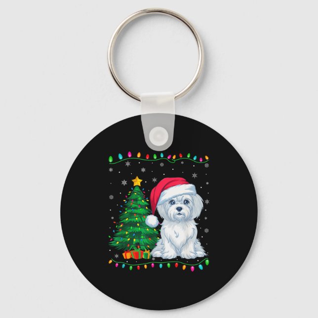 Maltese Dog Santa Hat Men Women Kids Christmas Tre Keychain (Front)