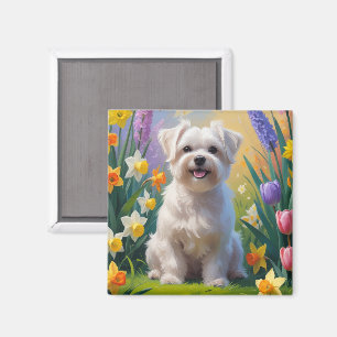 Maltese Dog Spring Flowers Painting Magnet