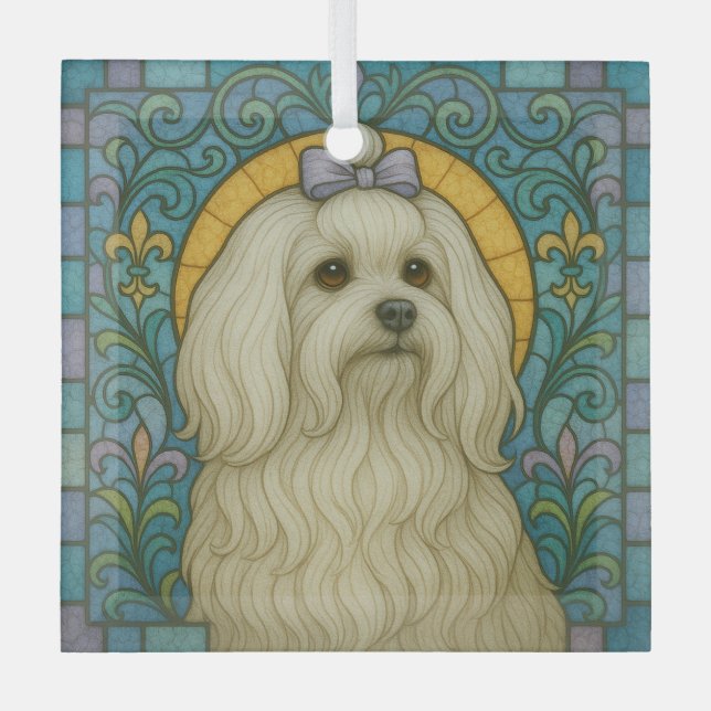 Maltese Dog "Stained Glass"  Glass Ornament (Front)