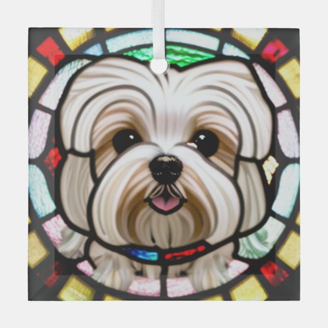 Maltese Dog "Stained Glass"  Glass Ornament (Front)