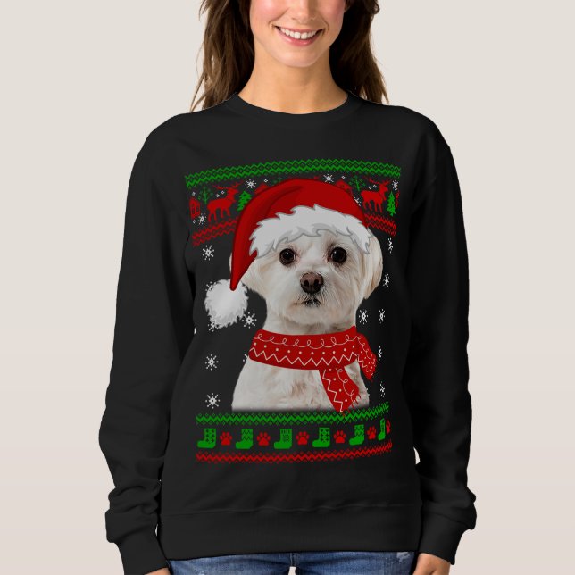 Maltese Dog Ugly Sweater Christmas Puppy Dog Lover (Front)