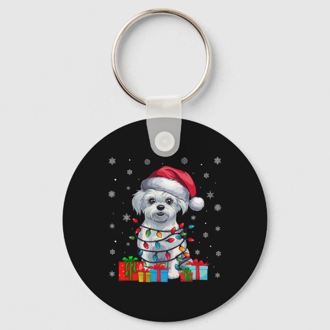 Maltese Dog Ugly Xmas Lights Santa Hat Maltese Dog Keychain (Front)