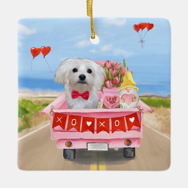 Maltese Dog Valentine's Day Truck Ceramic Ornament (Front)