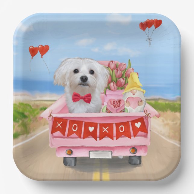 Maltese Dog Valentine's Day Truck Paper Plates (Front)