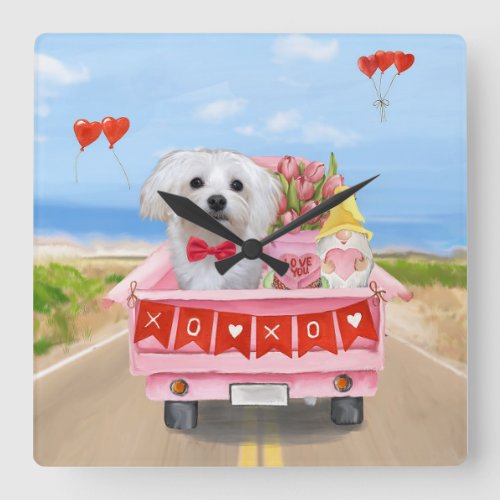 Maltese Dog Valentines Day Truck Square Wall Clock