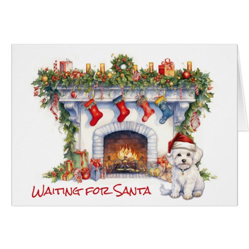 Maltese Dog Wait for Santa Christmas Fireplace