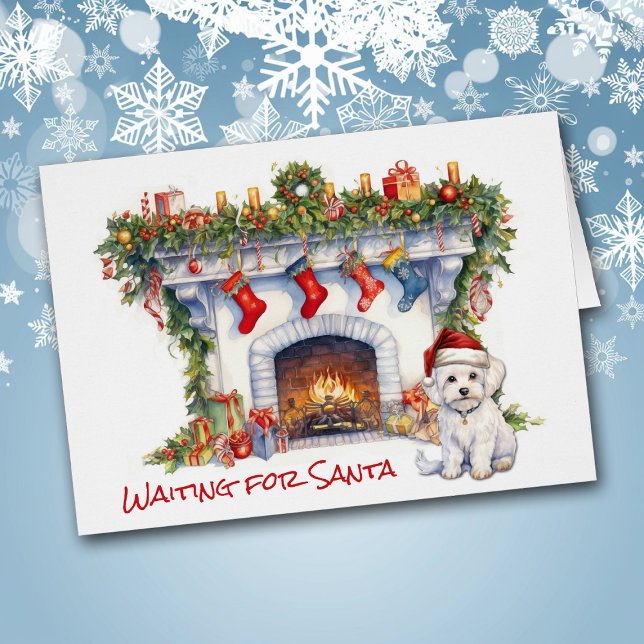 Maltese Dog Wait for Santa Christmas Fireplace Cards (Creator Uploaded)