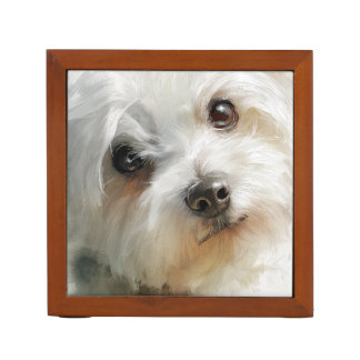Maltese dog watercolor portrait desk organizer