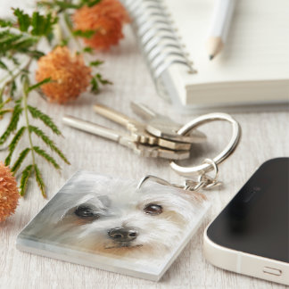 Maltese dog watercolor portrait keychain