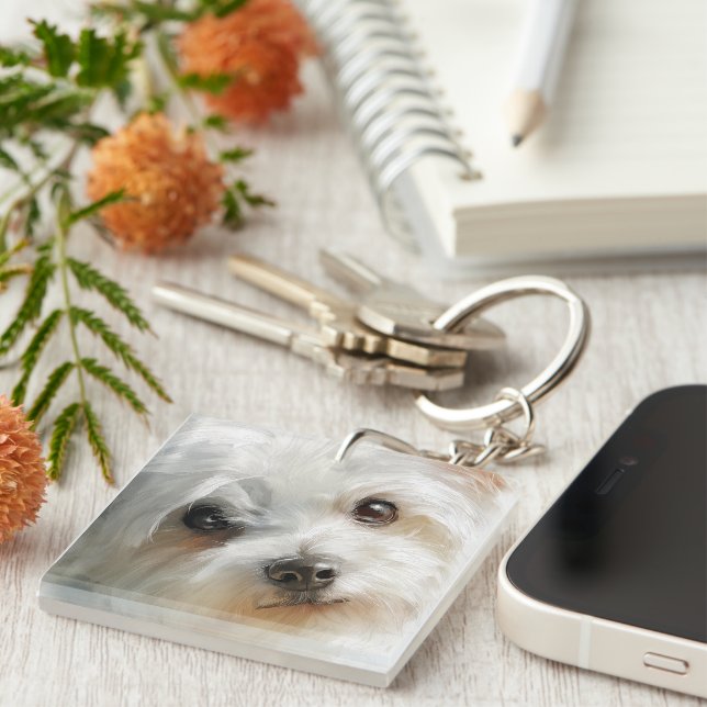 Maltese dog watercolor portrait keychain (Front Right)